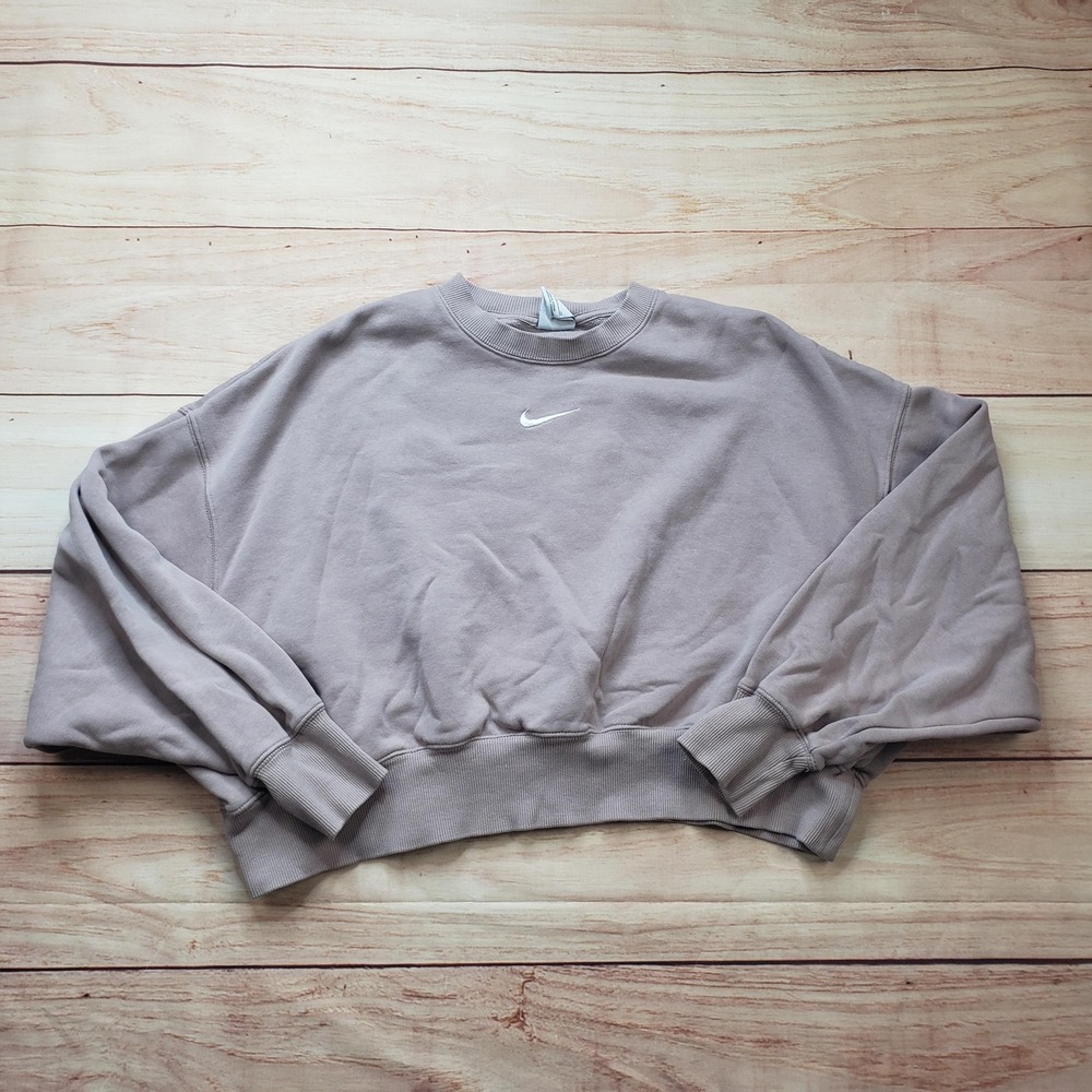 Nike Sweatshirt Womens S Nude Pink Center Swoosh Pullover Oversized Cropped Crop